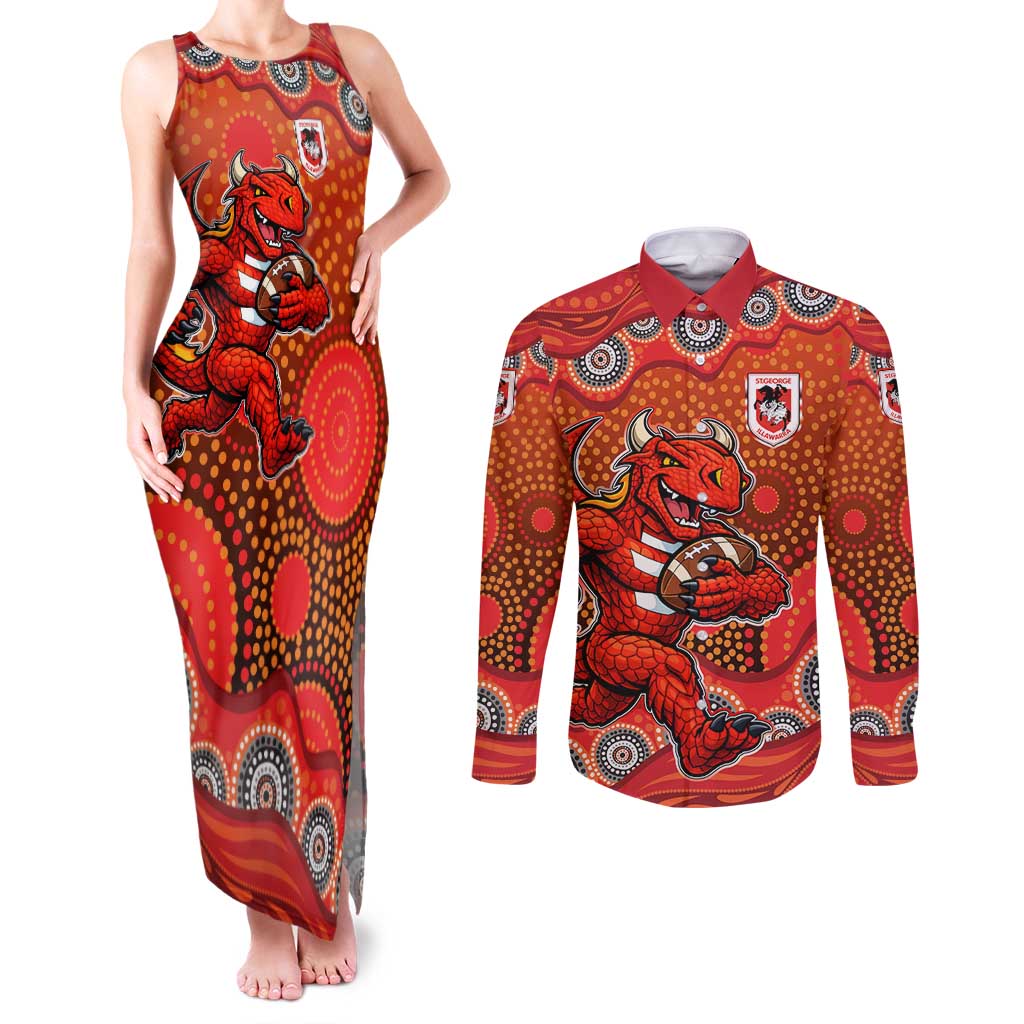 St. George Illawarra Dragons Couples Matching Tank Maxi Dress and Long Sleeve Button Shirt Aboriginal Dot Pattern - Rugby Mascot Heritage Pride