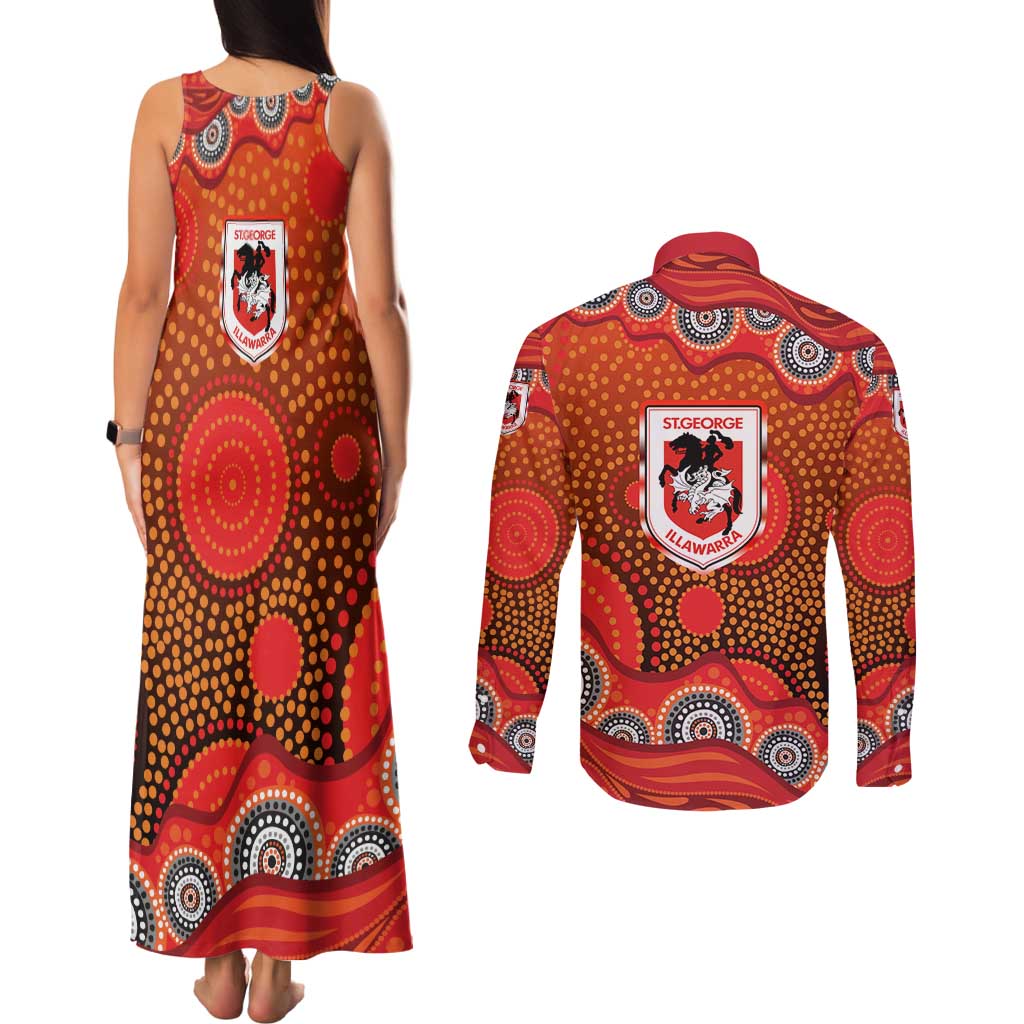 St. George Illawarra Dragons Couples Matching Tank Maxi Dress and Long Sleeve Button Shirt Aboriginal Dot Pattern - Rugby Mascot Heritage Pride