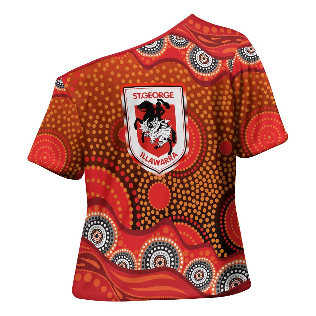 St. George Illawarra Dragons Cross Shoulder Shirt Aboriginal Dot Pattern - Rugby Mascot Heritage Pride