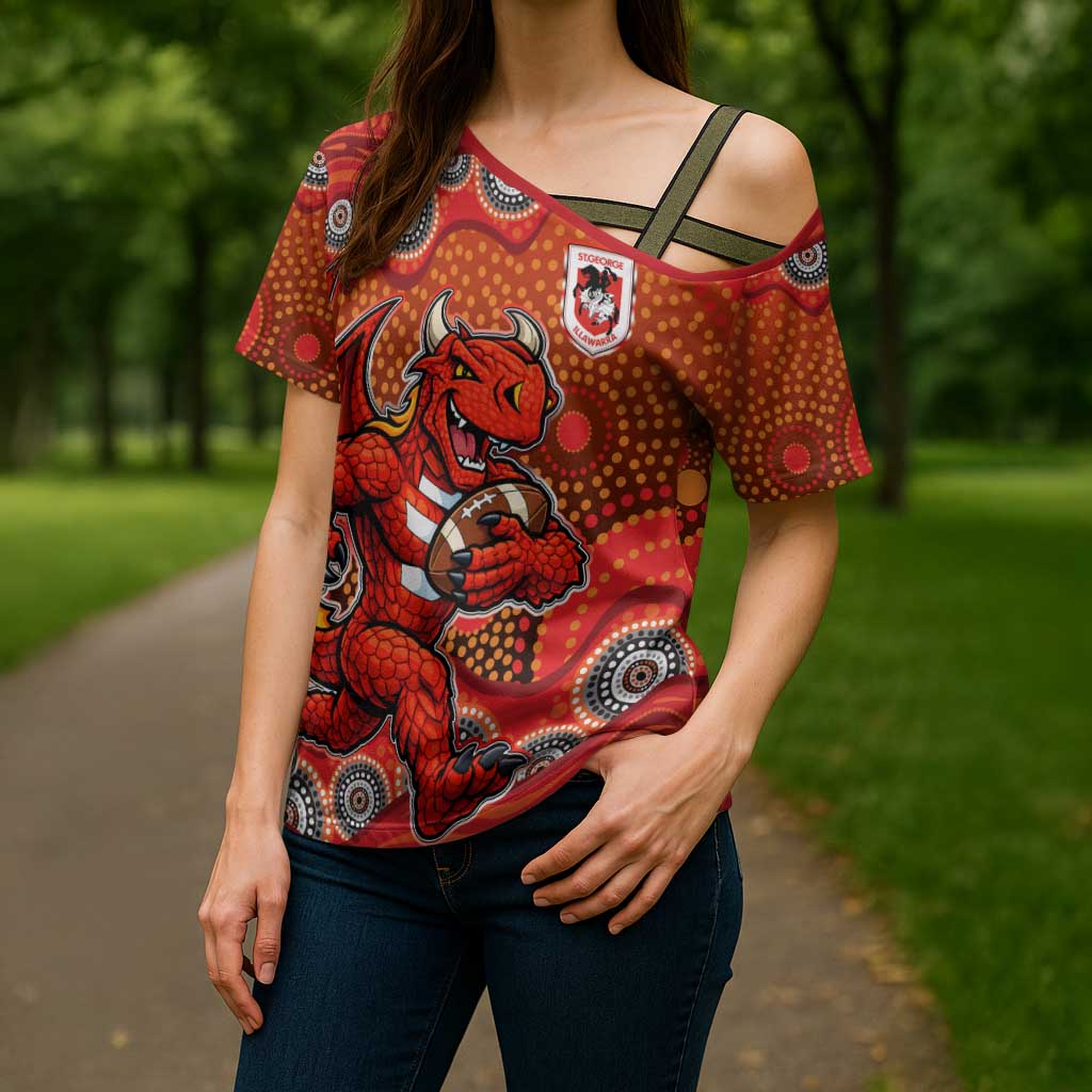St. George Illawarra Dragons Cross Shoulder Shirt Aboriginal Dot Pattern - Rugby Mascot Heritage Pride