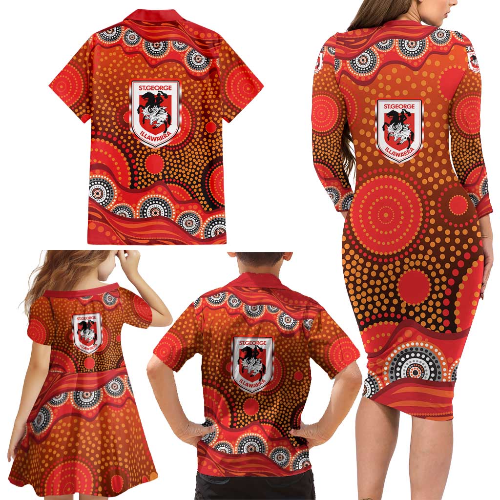 St. George Illawarra Dragons Family Matching Long Sleeve Bodycon Dress and Hawaiian Shirt Aboriginal Dot Pattern - Rugby Mascot Heritage Pride