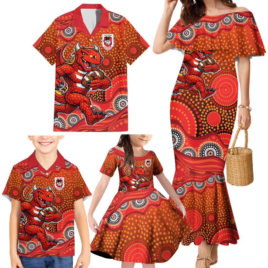 St. George Illawarra Dragons Family Matching Mermaid Dress and Hawaiian Shirt Aboriginal Dot Pattern - Rugby Mascot Heritage Pride