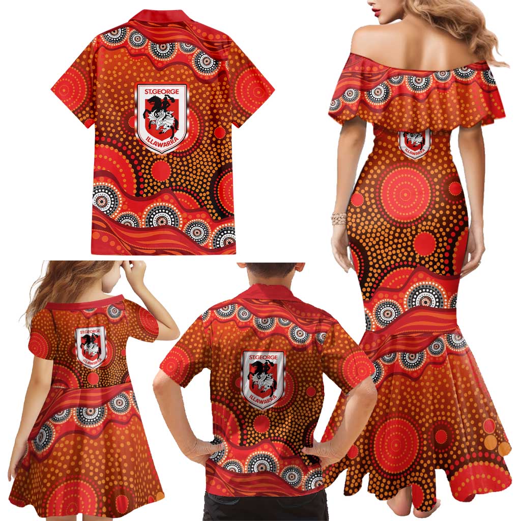 St. George Illawarra Dragons Family Matching Mermaid Dress and Hawaiian Shirt Aboriginal Dot Pattern - Rugby Mascot Heritage Pride