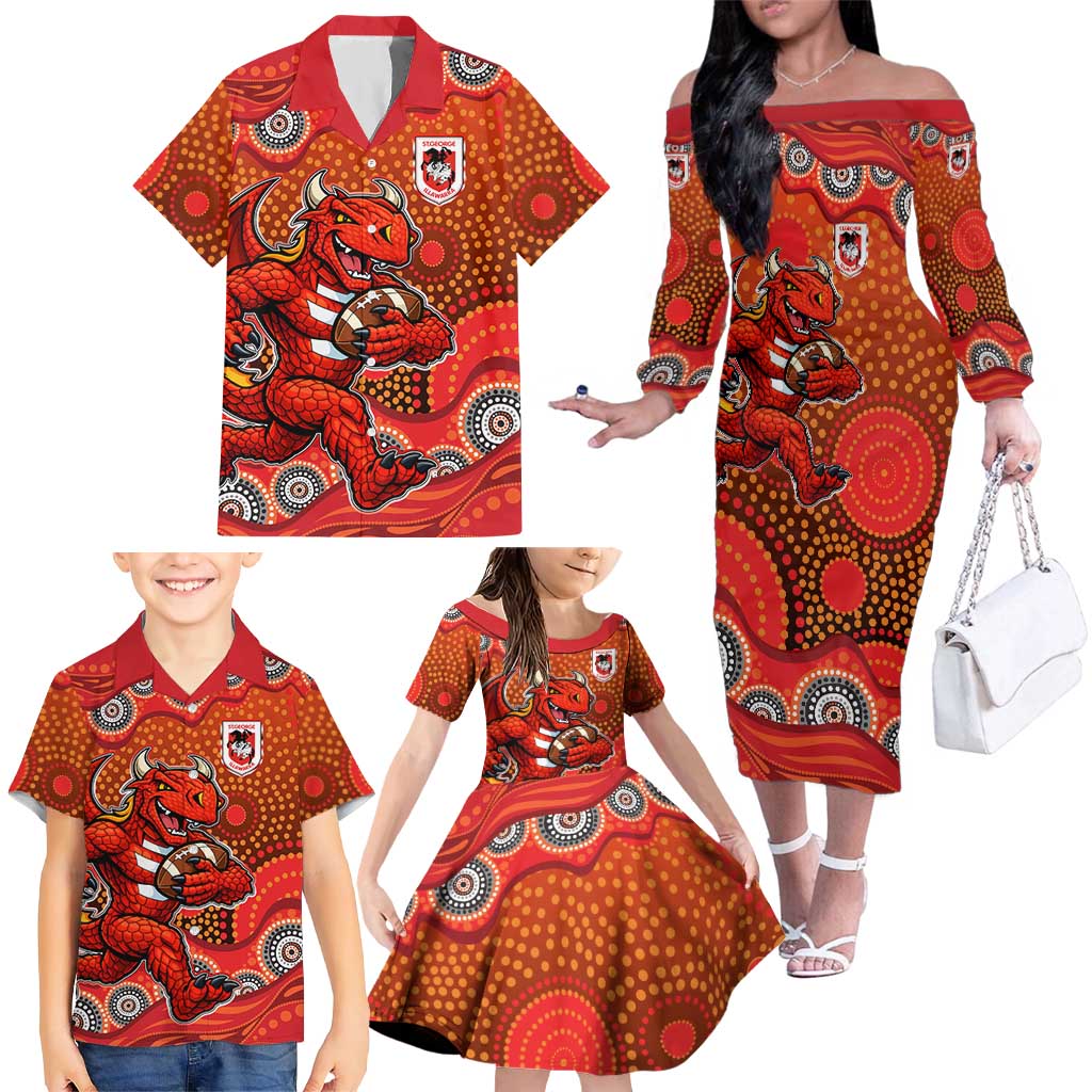 St. George Illawarra Dragons Family Matching Off The Shoulder Long Sleeve Dress and Hawaiian Shirt Aboriginal Dot Pattern - Rugby Mascot Heritage Pride
