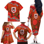 St. George Illawarra Dragons Family Matching Off The Shoulder Long Sleeve Dress and Hawaiian Shirt Aboriginal Dot Pattern - Rugby Mascot Heritage Pride