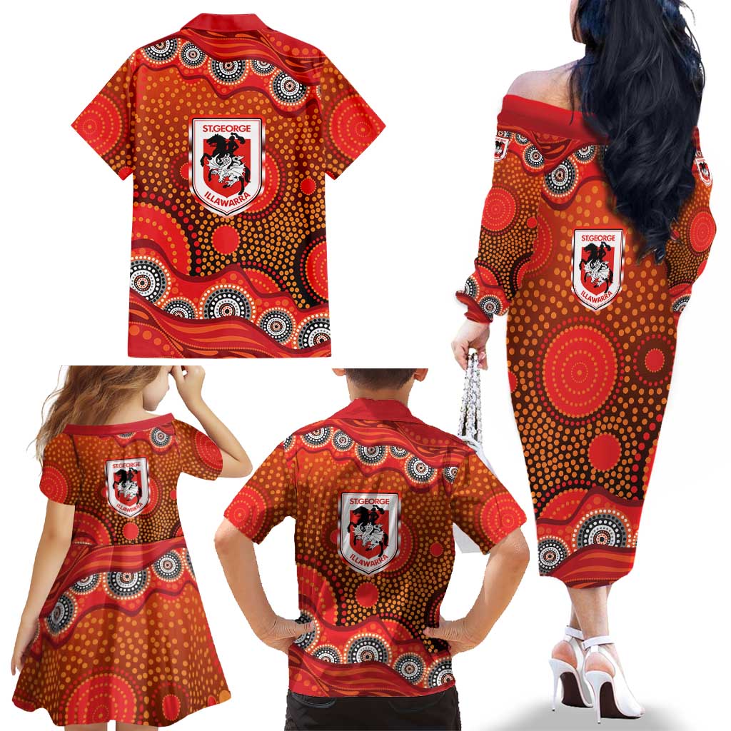 St. George Illawarra Dragons Family Matching Off The Shoulder Long Sleeve Dress and Hawaiian Shirt Aboriginal Dot Pattern - Rugby Mascot Heritage Pride