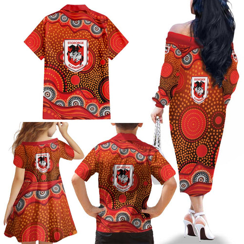 St. George Illawarra Dragons Family Matching Off The Shoulder Long Sleeve Dress and Hawaiian Shirt Aboriginal Dot Pattern - Rugby Mascot Heritage Pride
