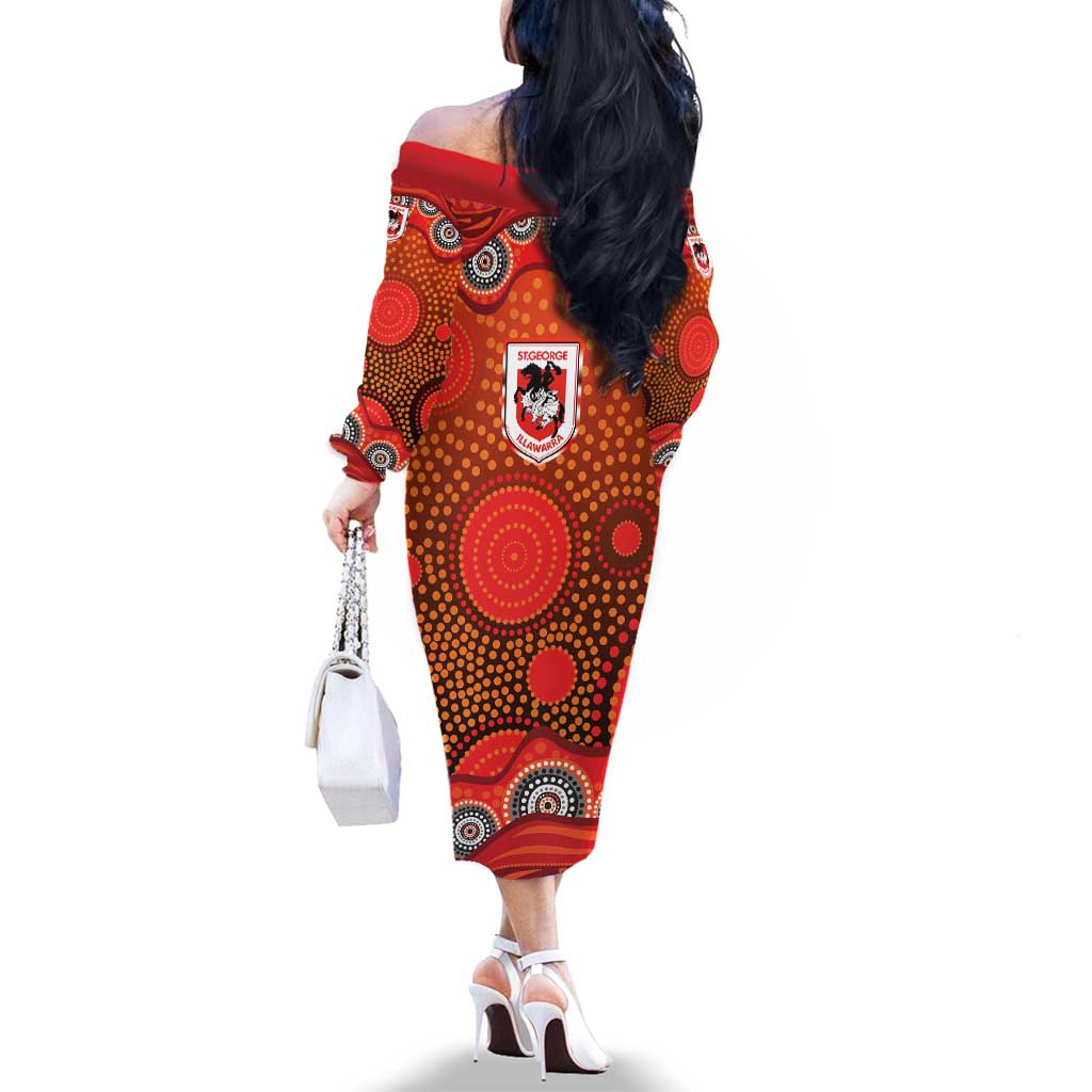 St. George Illawarra Dragons Family Matching Off The Shoulder Long Sleeve Dress and Hawaiian Shirt Aboriginal Dot Pattern - Rugby Mascot Heritage Pride