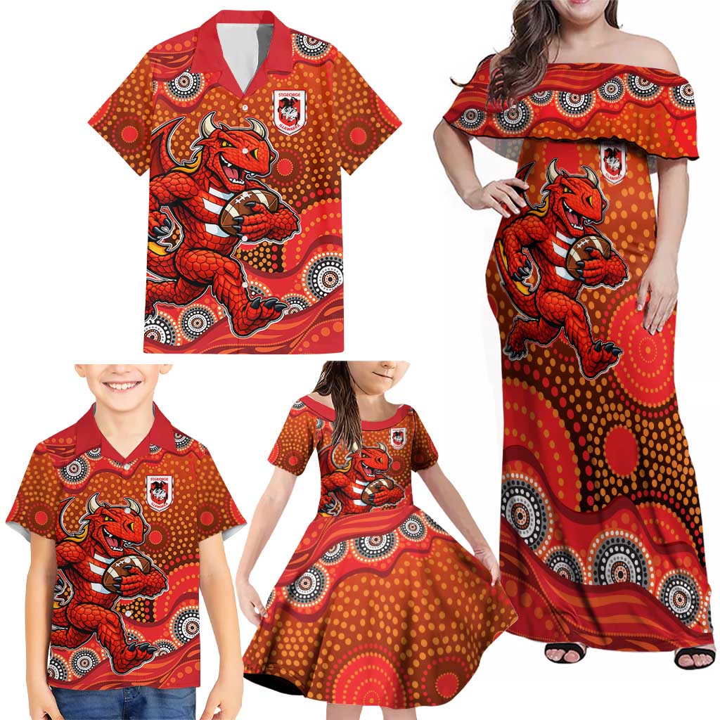St. George Illawarra Dragons Family Matching Off Shoulder Maxi Dress and Hawaiian Shirt Aboriginal Dot Pattern - Rugby Mascot Heritage Pride