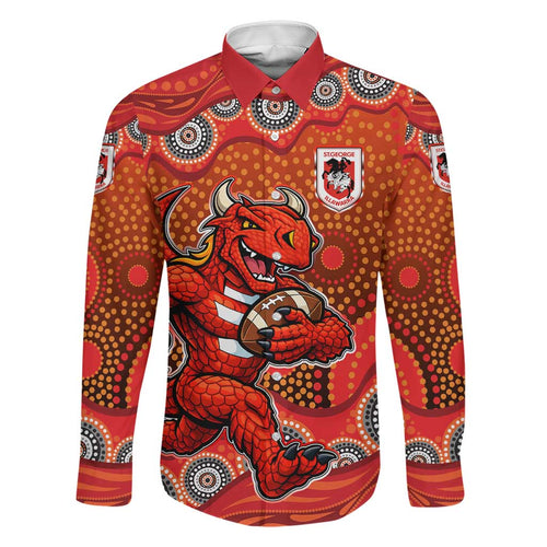 St. George Illawarra Dragons Family Matching Off Shoulder Maxi Dress and Hawaiian Shirt Aboriginal Dot Pattern - Rugby Mascot Heritage Pride