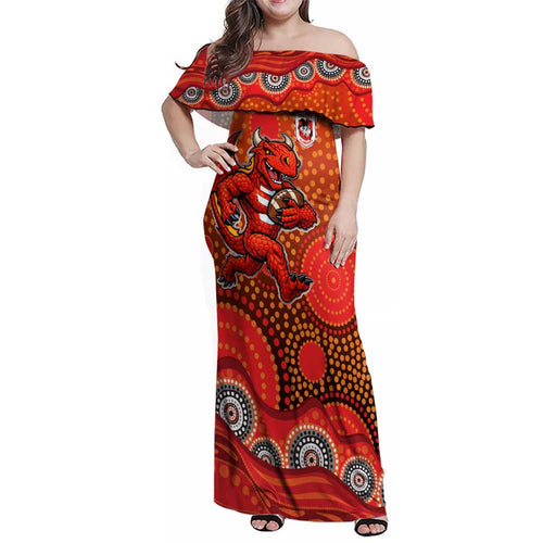 St. George Illawarra Dragons Family Matching Off Shoulder Maxi Dress and Hawaiian Shirt Aboriginal Dot Pattern - Rugby Mascot Heritage Pride
