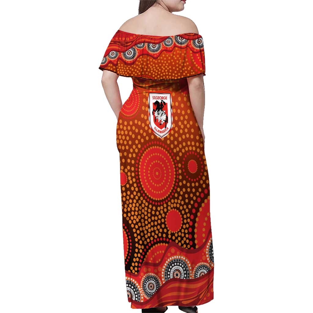 St. George Illawarra Dragons Family Matching Off Shoulder Maxi Dress and Hawaiian Shirt Aboriginal Dot Pattern - Rugby Mascot Heritage Pride