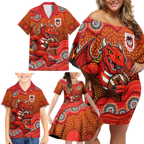 St. George Illawarra Dragons Family Matching Off Shoulder Short Dress and Hawaiian Shirt Aboriginal Dot Pattern - Rugby Mascot Heritage Pride