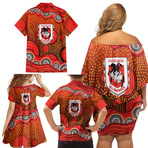 St. George Illawarra Dragons Family Matching Off Shoulder Short Dress and Hawaiian Shirt Aboriginal Dot Pattern - Rugby Mascot Heritage Pride