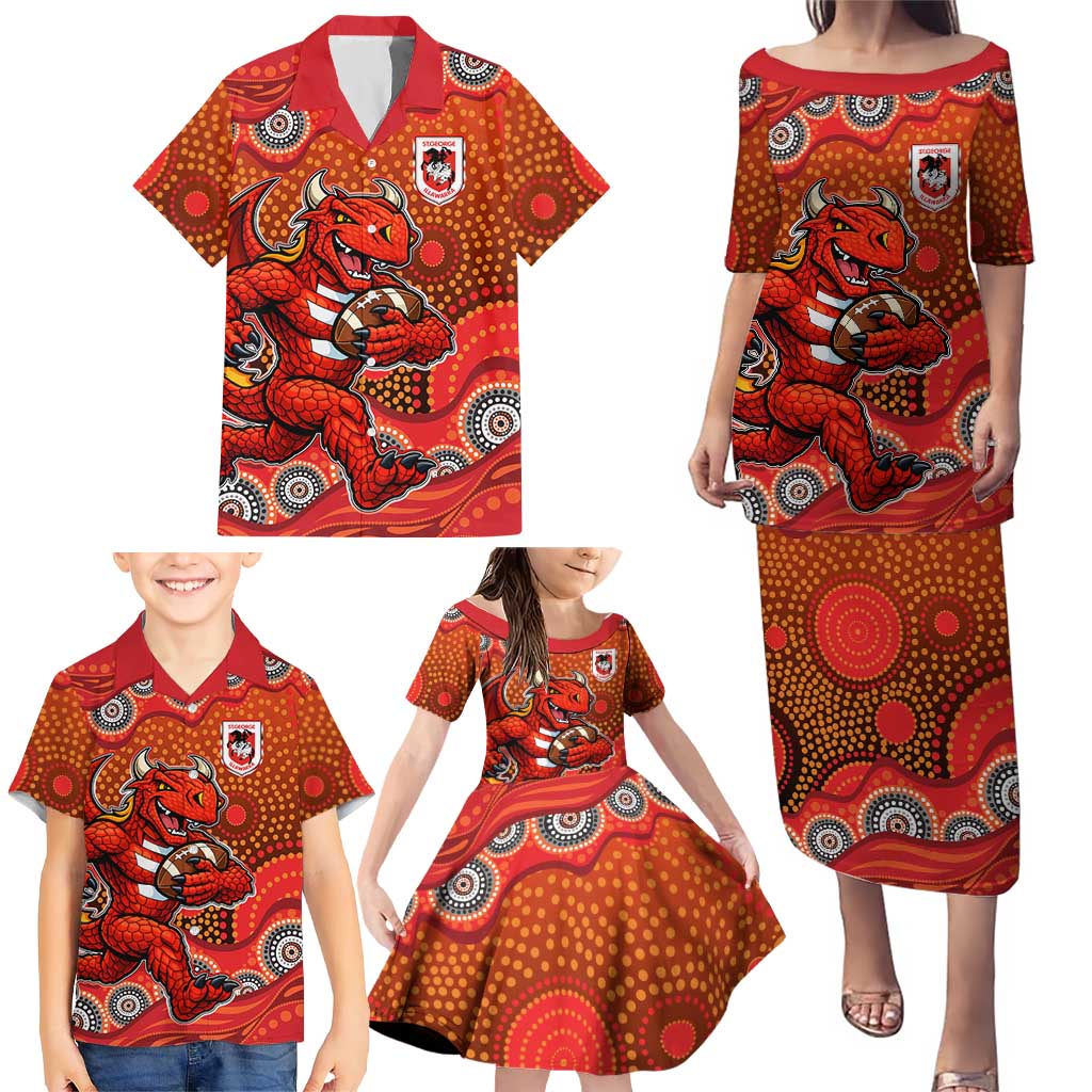 St. George Illawarra Dragons Family Matching Puletasi and Hawaiian Shirt Aboriginal Dot Pattern - Rugby Mascot Heritage Pride