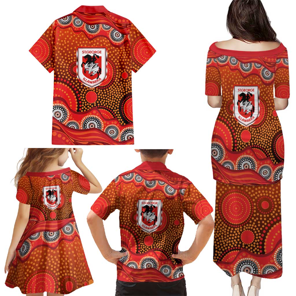 St. George Illawarra Dragons Family Matching Puletasi and Hawaiian Shirt Aboriginal Dot Pattern - Rugby Mascot Heritage Pride