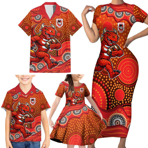St. George Illawarra Dragons Family Matching Short Sleeve Bodycon Dress and Hawaiian Shirt Aboriginal Dot Pattern - Rugby Mascot Heritage Pride