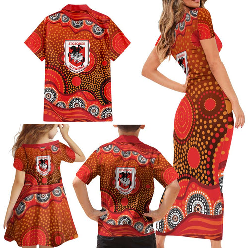 St. George Illawarra Dragons Family Matching Short Sleeve Bodycon Dress and Hawaiian Shirt Aboriginal Dot Pattern - Rugby Mascot Heritage Pride