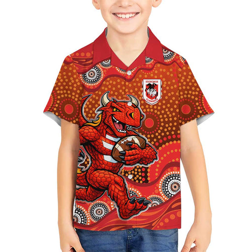 St. George Illawarra Dragons Family Matching Short Sleeve Bodycon Dress and Hawaiian Shirt Aboriginal Dot Pattern - Rugby Mascot Heritage Pride