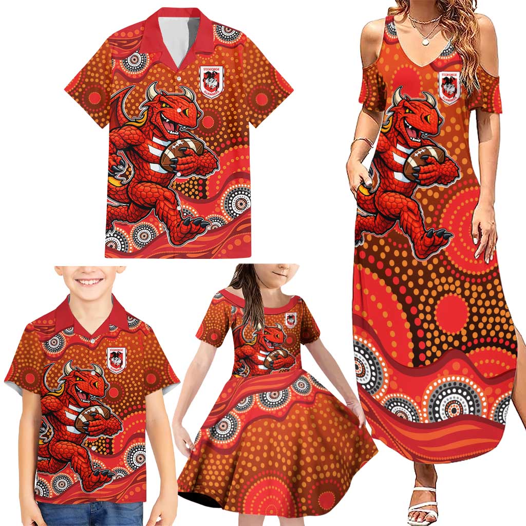St. George Illawarra Dragons Family Matching Summer Maxi Dress and Hawaiian Shirt Aboriginal Dot Pattern - Rugby Mascot Heritage Pride