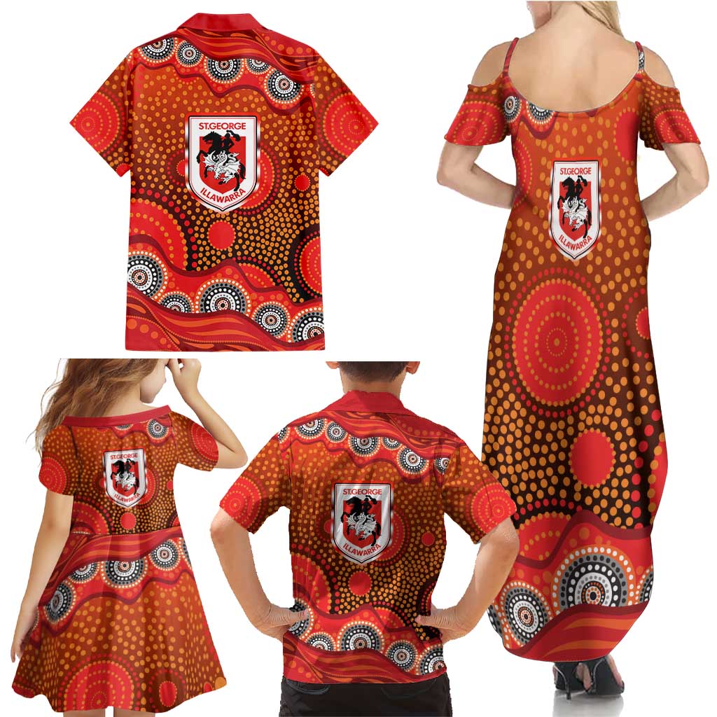 St. George Illawarra Dragons Family Matching Summer Maxi Dress and Hawaiian Shirt Aboriginal Dot Pattern - Rugby Mascot Heritage Pride