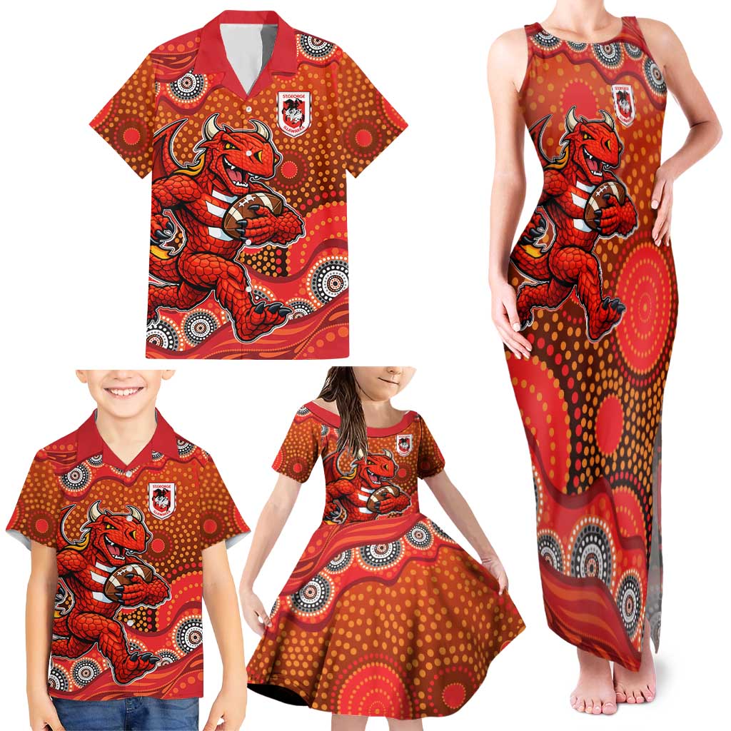 St. George Illawarra Dragons Family Matching Tank Maxi Dress and Hawaiian Shirt Aboriginal Dot Pattern - Rugby Mascot Heritage Pride
