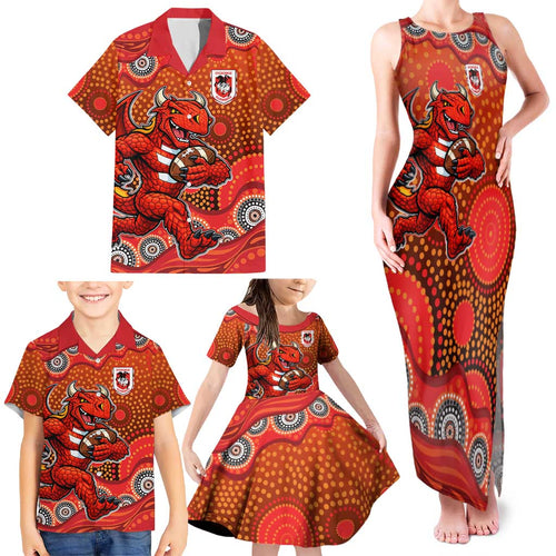 St. George Illawarra Dragons Family Matching Tank Maxi Dress and Hawaiian Shirt Aboriginal Dot Pattern - Rugby Mascot Heritage Pride