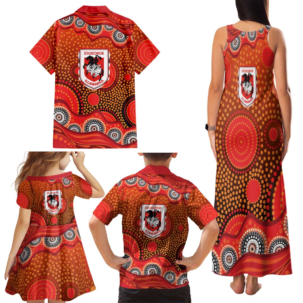 St. George Illawarra Dragons Family Matching Tank Maxi Dress and Hawaiian Shirt Aboriginal Dot Pattern - Rugby Mascot Heritage Pride
