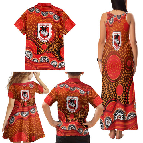St. George Illawarra Dragons Family Matching Tank Maxi Dress and Hawaiian Shirt Aboriginal Dot Pattern - Rugby Mascot Heritage Pride