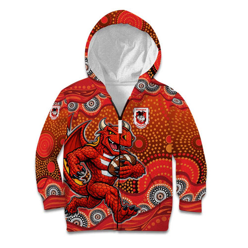 St. George Illawarra Dragons Kid Hoodie Aboriginal Dot Pattern - Rugby Mascot Heritage Pride