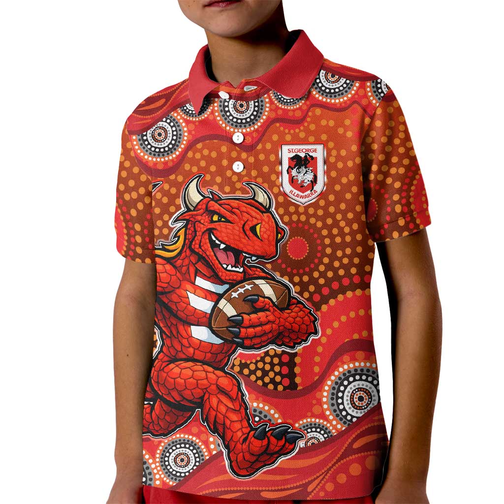 St. George Illawarra Dragons Kid Polo Shirt Aboriginal Dot Pattern - Rugby Mascot Heritage Pride
