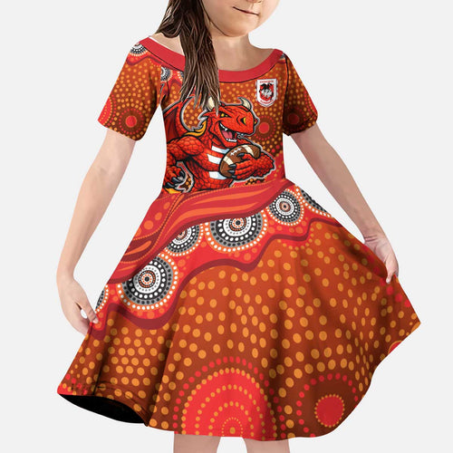 St. George Illawarra Dragons Kid Short Sleeve Dress Aboriginal Dot Pattern - Rugby Mascot Heritage Pride