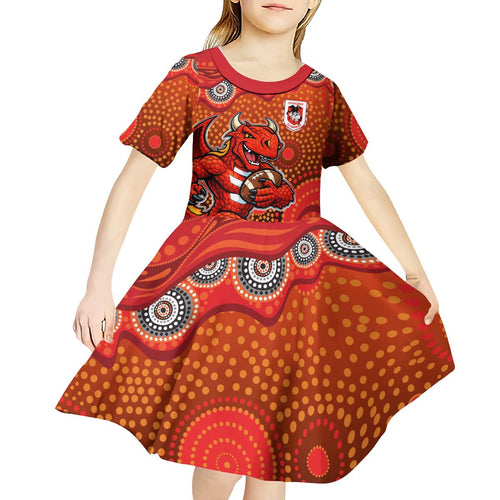 St. George Illawarra Dragons Kid Short Sleeve Dress Aboriginal Dot Pattern - Rugby Mascot Heritage Pride