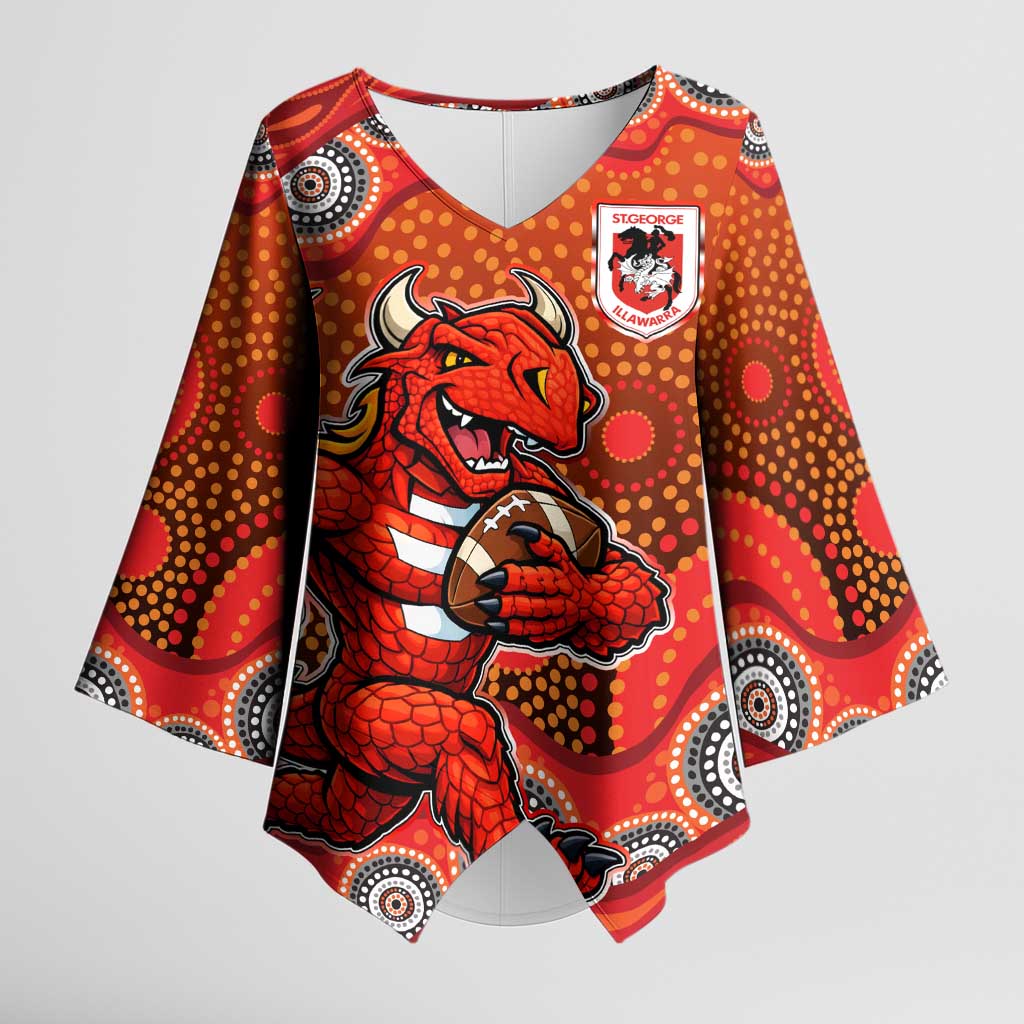 St. George Illawarra Dragons Kimono Sleeve Blouse Aboriginal Dot Pattern - Rugby Mascot Heritage Pride