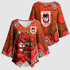 St. George Illawarra Dragons Kimono Sleeve Blouse Aboriginal Dot Pattern - Rugby Mascot Heritage Pride