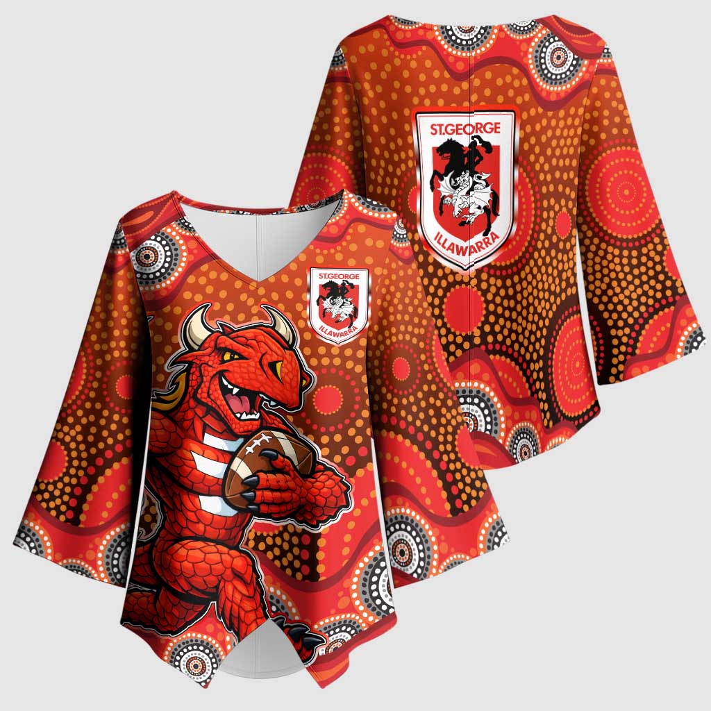 St. George Illawarra Dragons Kimono Sleeve Blouse Aboriginal Dot Pattern - Rugby Mascot Heritage Pride