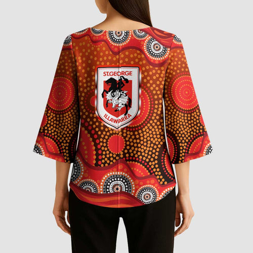 St. George Illawarra Dragons Kimono Sleeve Blouse Aboriginal Dot Pattern - Rugby Mascot Heritage Pride