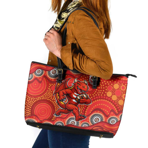 St. George Illawarra Dragons Leather Tote Bag Aboriginal Dot Pattern - Rugby Mascot Heritage Pride