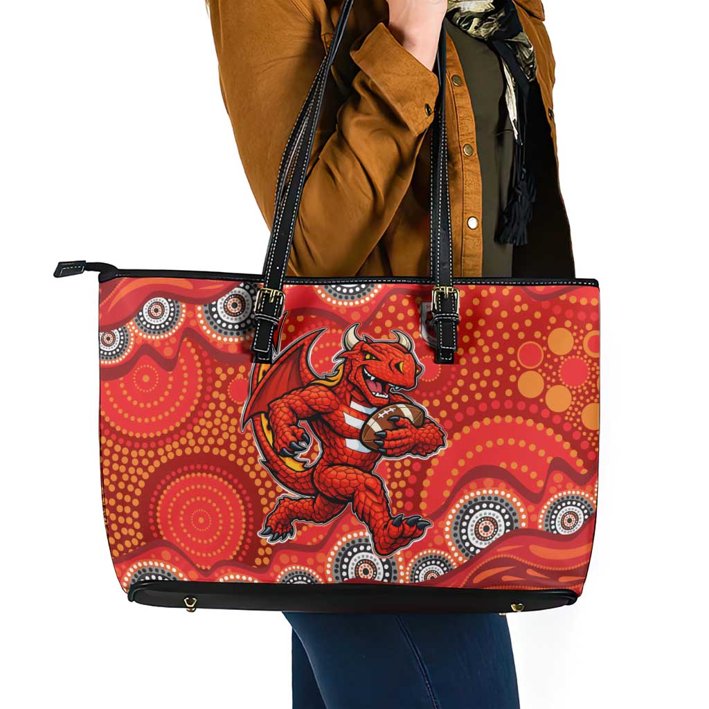 St. George Illawarra Dragons Leather Tote Bag Aboriginal Dot Pattern - Rugby Mascot Heritage Pride