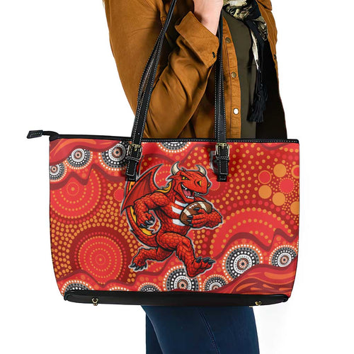 St. George Illawarra Dragons Leather Tote Bag Aboriginal Dot Pattern - Rugby Mascot Heritage Pride
