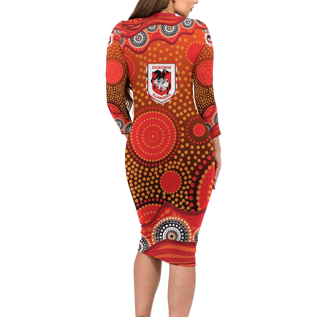 St. George Illawarra Dragons Long Sleeve Bodycon Dress Aboriginal Dot Pattern - Rugby Mascot Heritage Pride