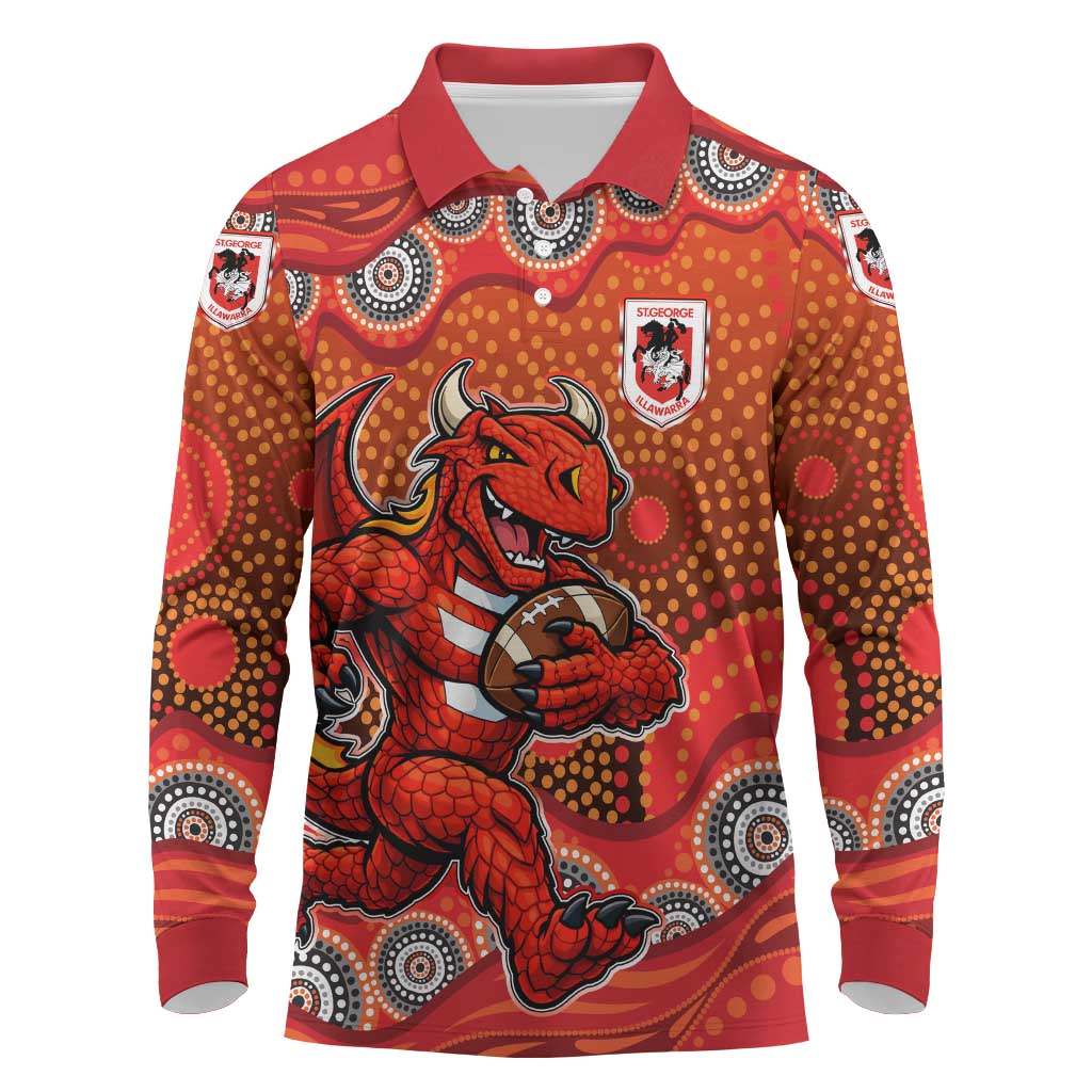 St. George Illawarra Dragons Long Sleeve Polo Shirt Aboriginal Dot Pattern - Rugby Mascot Heritage Pride