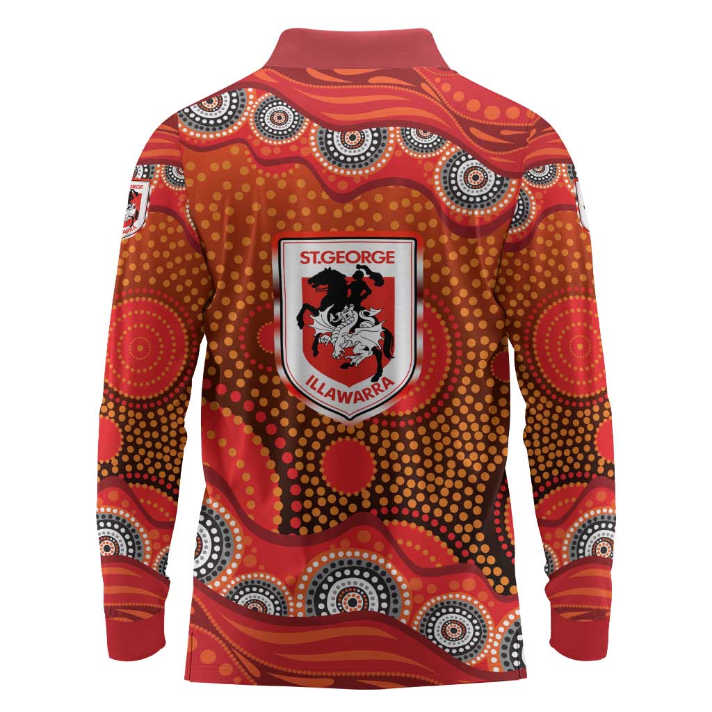 St. George Illawarra Dragons Long Sleeve Polo Shirt Aboriginal Dot Pattern - Rugby Mascot Heritage Pride