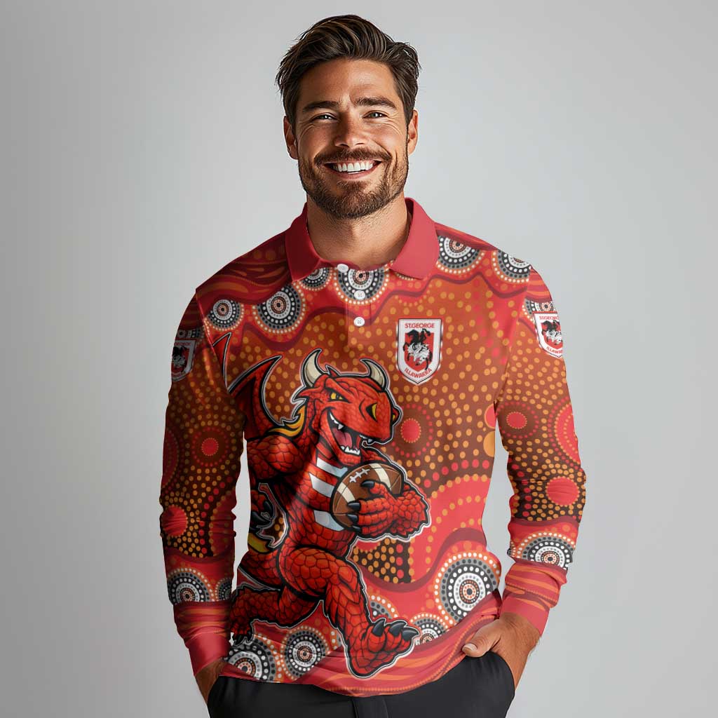 St. George Illawarra Dragons Long Sleeve Polo Shirt Aboriginal Dot Pattern - Rugby Mascot Heritage Pride