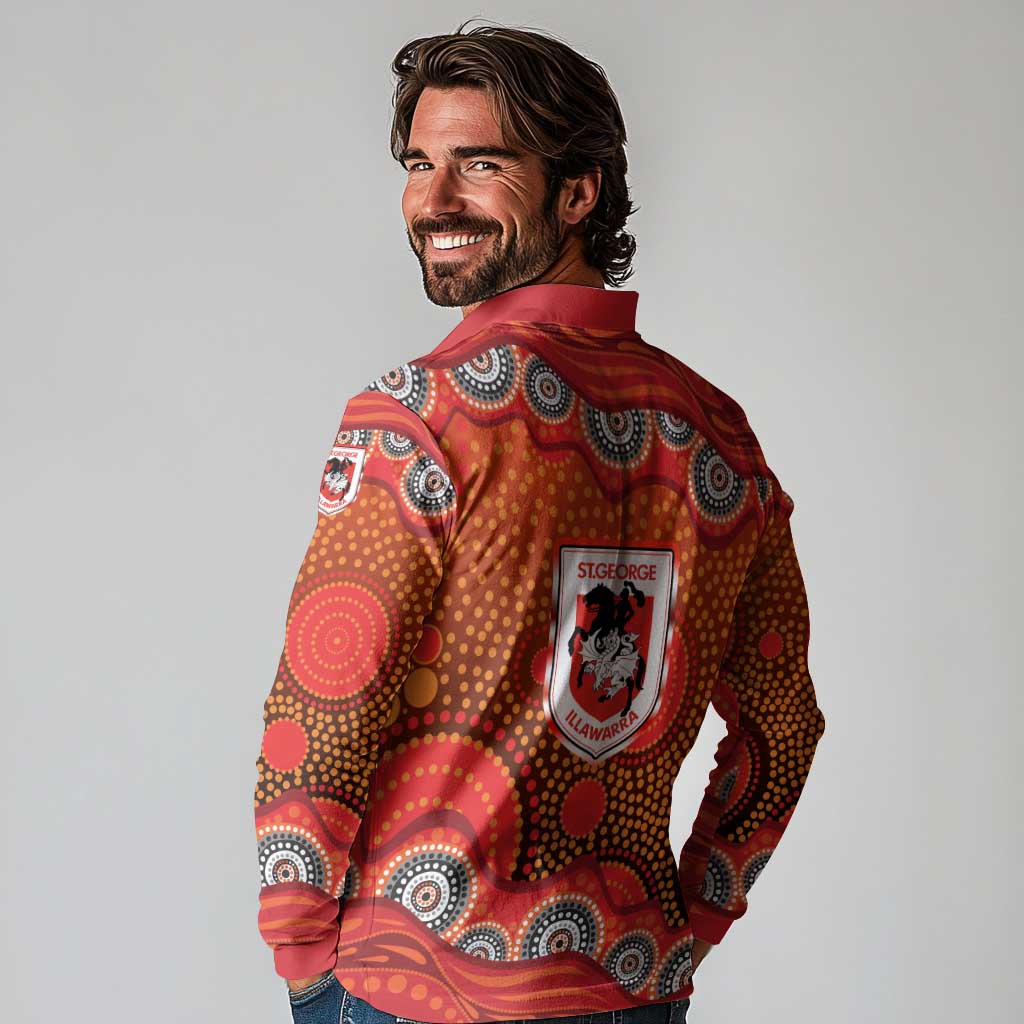 St. George Illawarra Dragons Long Sleeve Polo Shirt Aboriginal Dot Pattern - Rugby Mascot Heritage Pride
