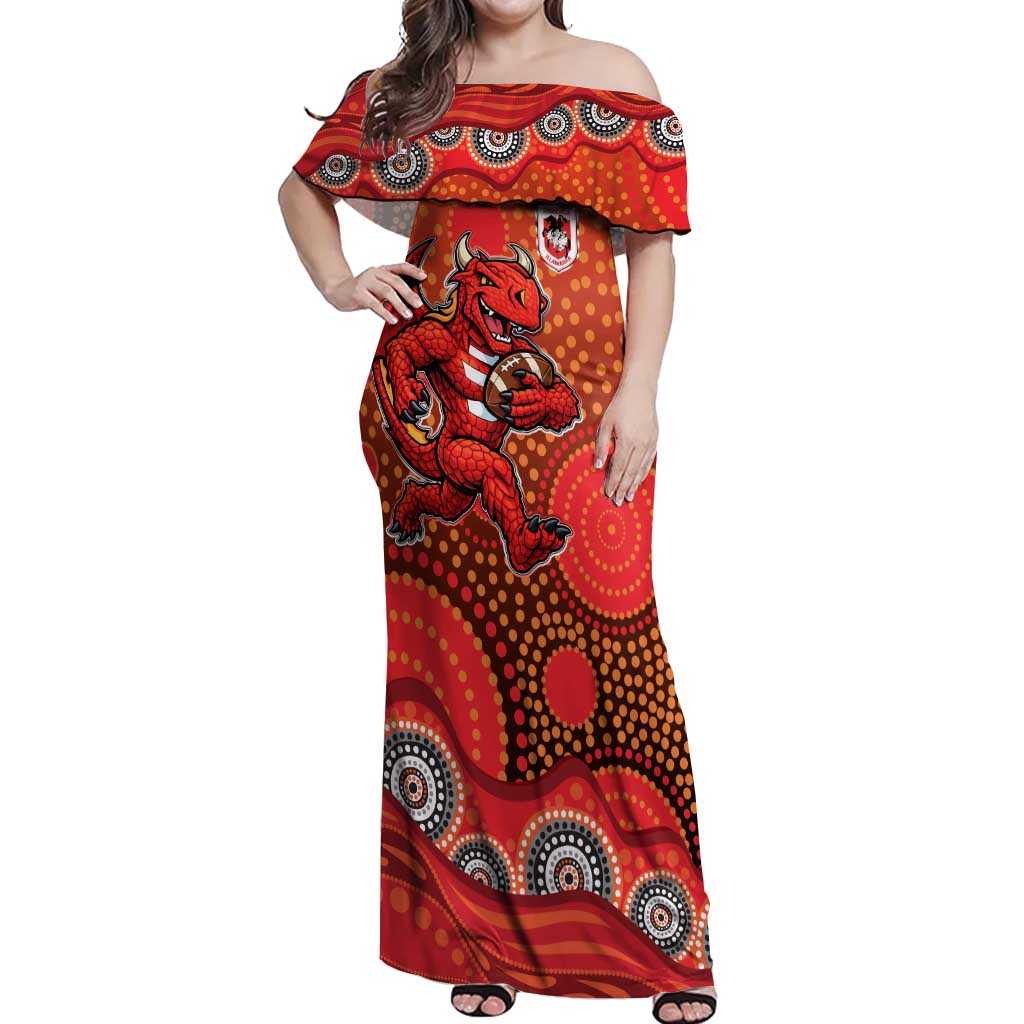 St. George Illawarra Dragons Off Shoulder Maxi Dress Aboriginal Dot Pattern - Rugby Mascot Heritage Pride