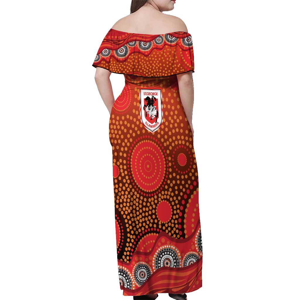 St. George Illawarra Dragons Off Shoulder Maxi Dress Aboriginal Dot Pattern - Rugby Mascot Heritage Pride