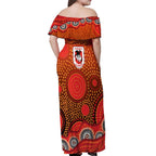 St. George Illawarra Dragons Off Shoulder Maxi Dress Aboriginal Dot Pattern - Rugby Mascot Heritage Pride