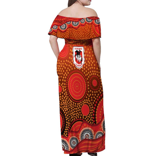 St. George Illawarra Dragons Off Shoulder Maxi Dress Aboriginal Dot Pattern - Rugby Mascot Heritage Pride