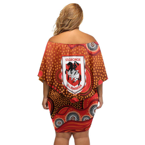 St. George Illawarra Dragons Off Shoulder Short Dress Aboriginal Dot Pattern - Rugby Mascot Heritage Pride
